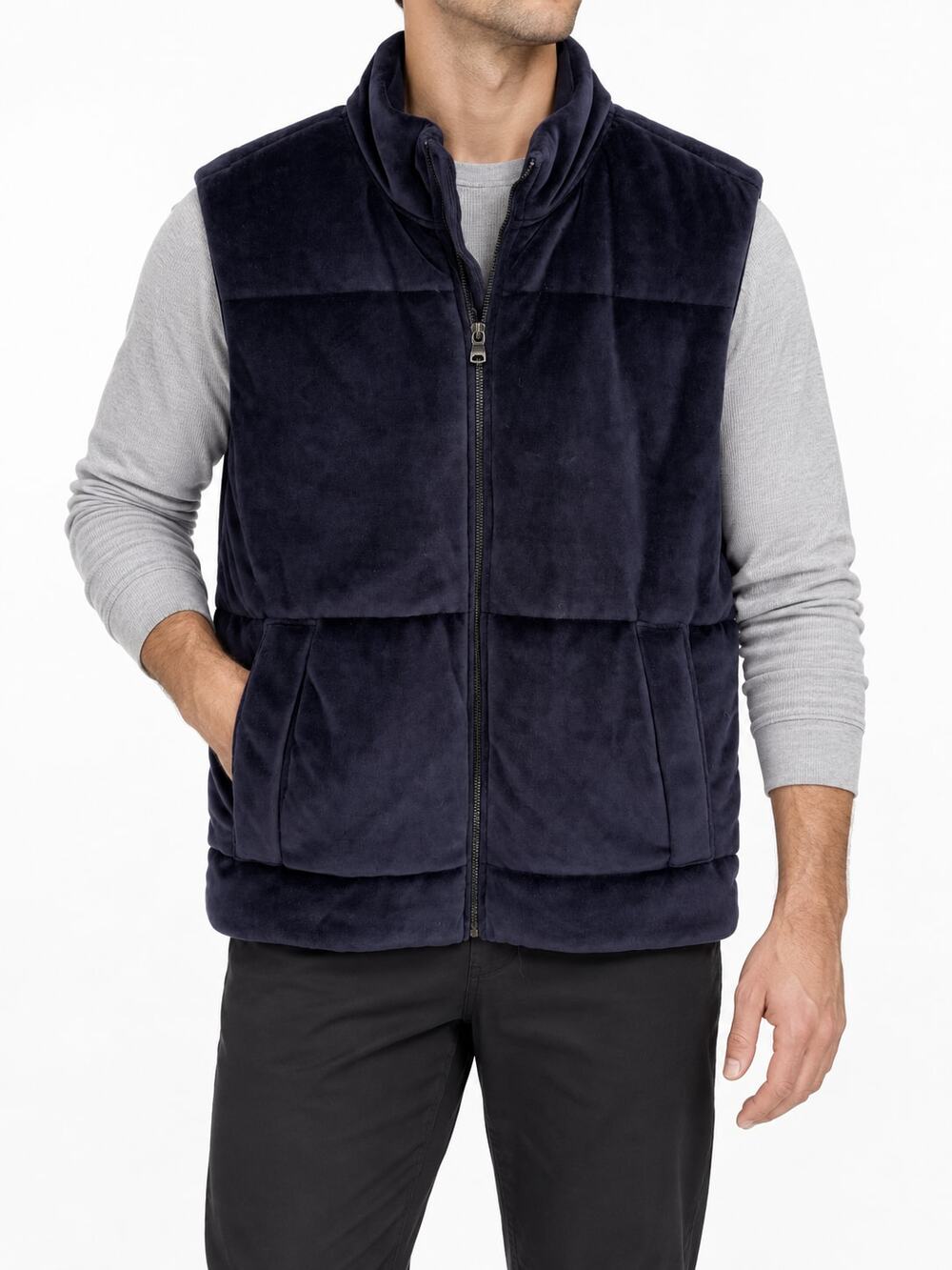 Banana Republic Men's M Tall Navy Velour Padded Vest Full Zip Pockets Outerwear